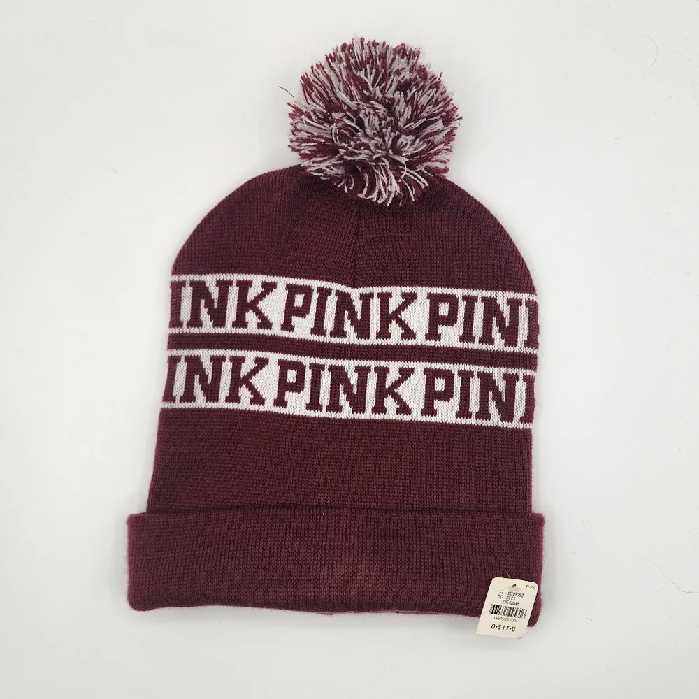 NWT PINK Victoria's Secret Logo Pom Beanie Burgundy